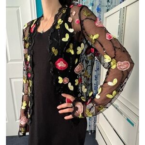 🎁 Sheer Black Jacket with Pink & Green Floral Appliqués – Formal / Semi-Formal